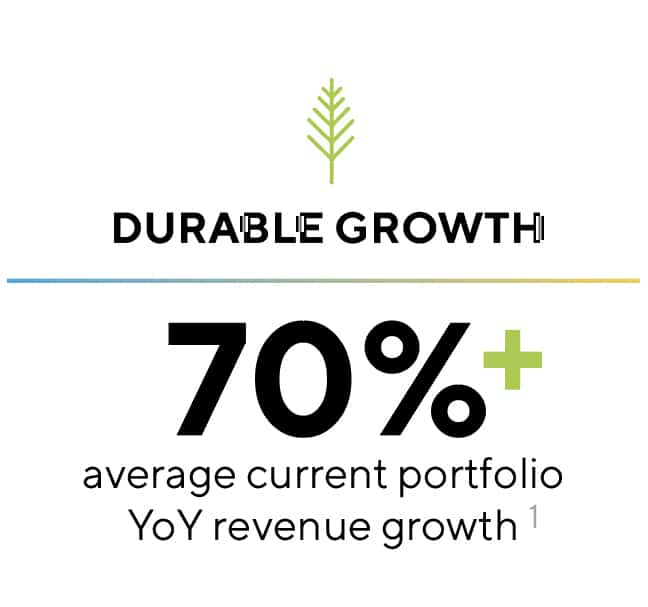 Durable Growth, 70%+ average current portfolio YoY revenue growth